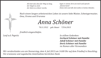 Traueranzeige von Anna Schöner von Pegnitz-Zeitung